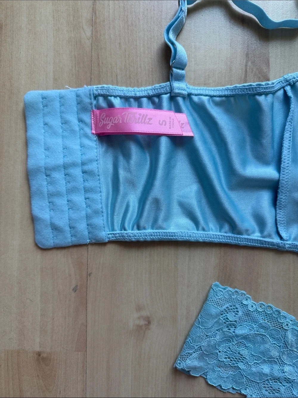 Light Blue Lace Trim Lingerie Set - Satin Bralette & Thong